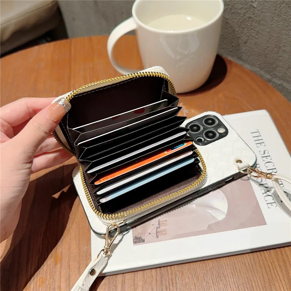 Luxury iPhone Case — Crossbody PU Leather Wallet Cover with Card Holder, Shockproof Non-Slip Design and Long Lanyard Strap