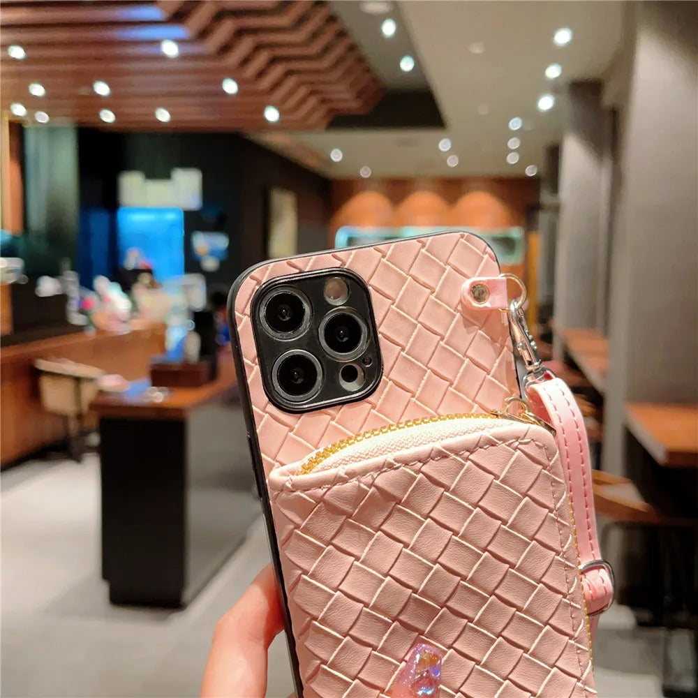 Luxury iPhone Case — Crossbody PU Leather Wallet Cover with Card Holder, Shockproof Non-Slip Design and Long Lanyard Strap