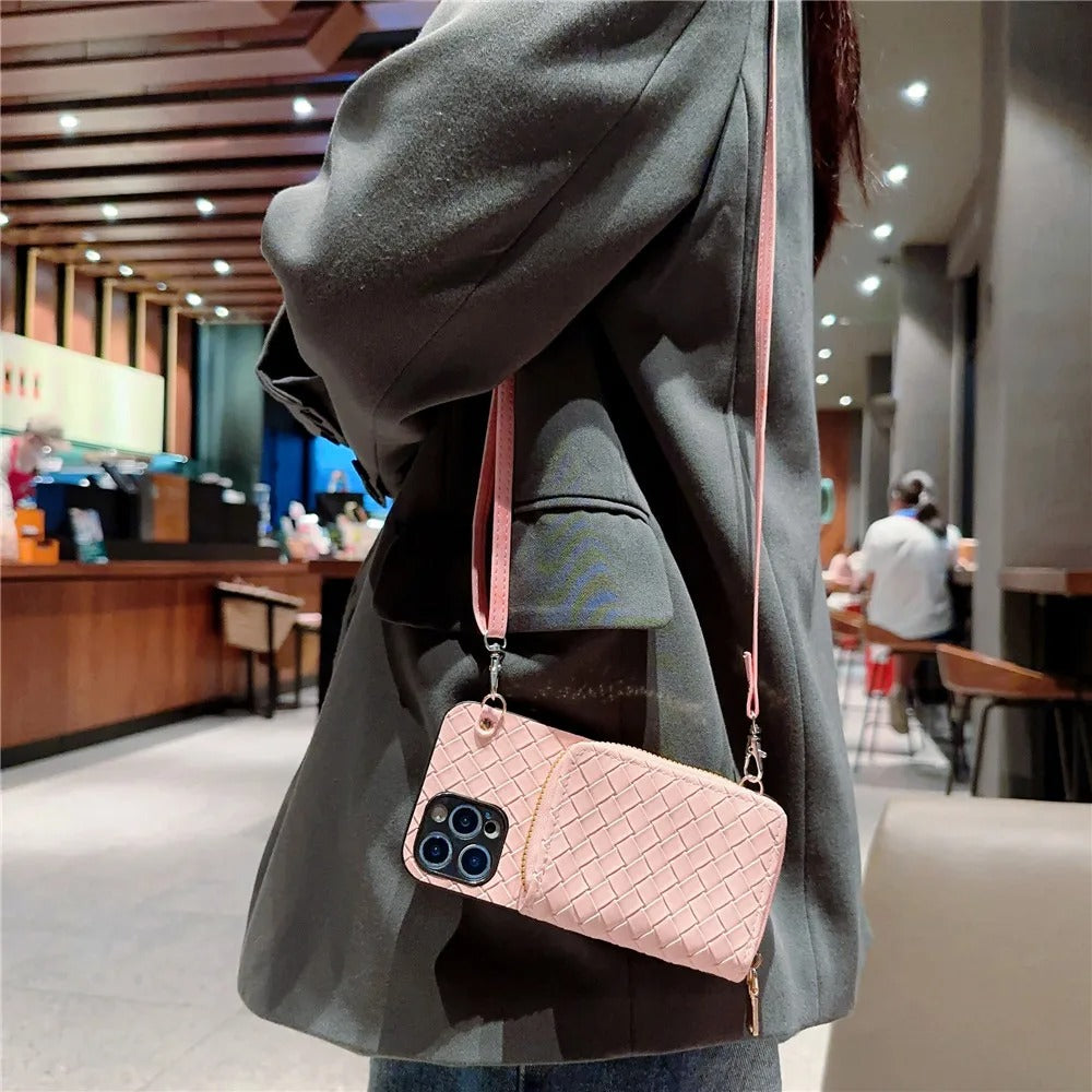 Luxury iPhone Case — Crossbody PU Leather Wallet Cover with Card Holder, Shockproof Non-Slip Design and Long Lanyard Strap