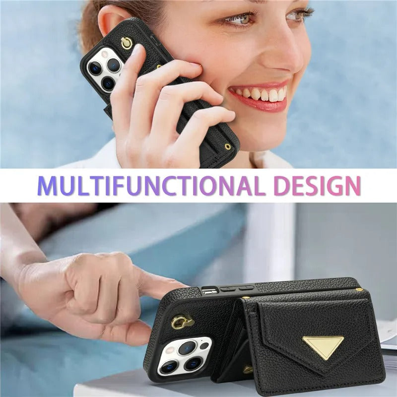 Luxury iPhone Case — Crossbody PU Leather Wallet Cover with Multi-Card Slots, Long Lanyard, Kickstand Feature and Anti-Fingerprint Non-Slip Design