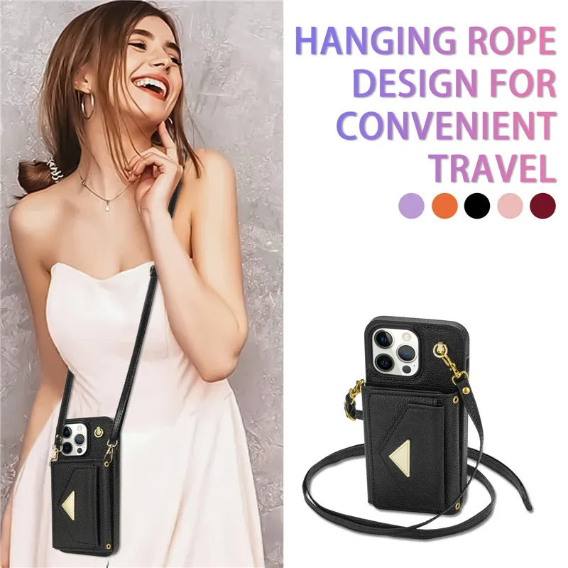 Luxury iPhone Case — Crossbody PU Leather Wallet Cover with Multi-Card Slots, Long Lanyard, Kickstand Feature and Anti-Fingerprint Non-Slip Design