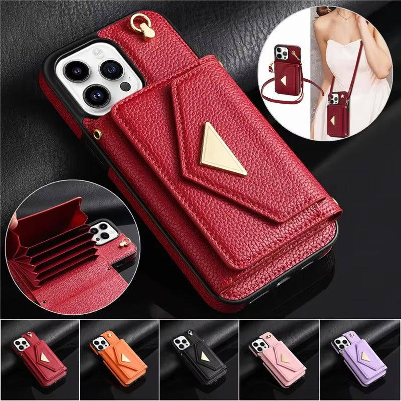 Luxury iPhone Case — Crossbody PU Leather Wallet Cover with Multi-Card Slots, Long Lanyard, Kickstand Feature and Anti-Fingerprint Non-Slip Design
