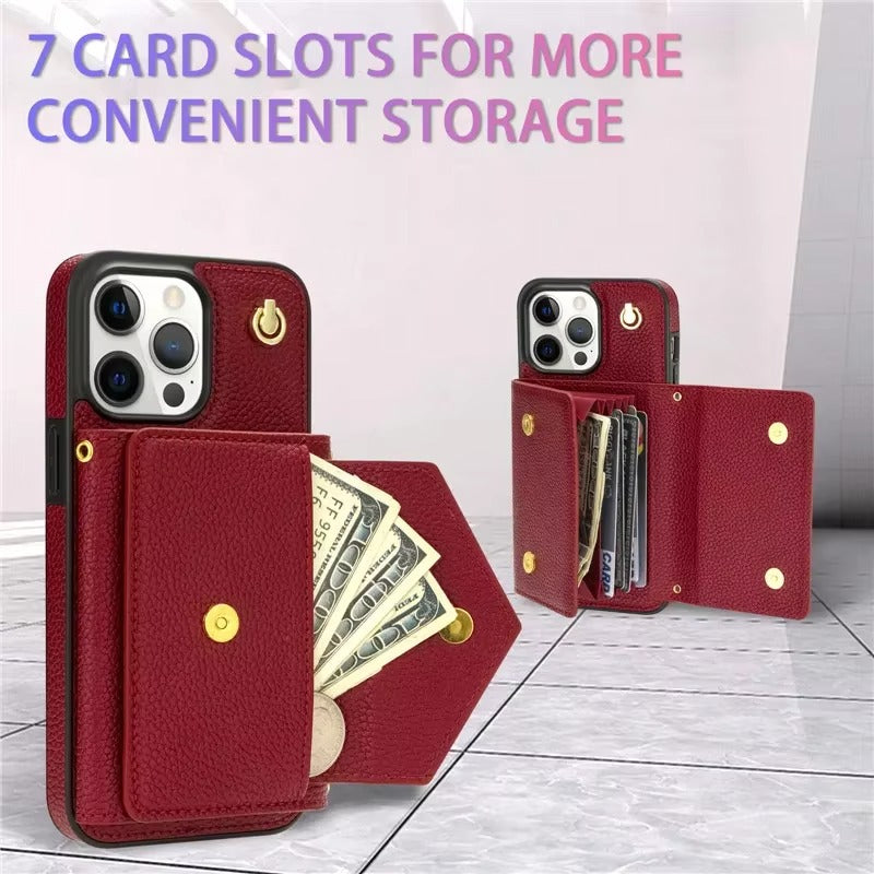 Luxury iPhone Case — Crossbody PU Leather Wallet Cover with Multi-Card Slots, Long Lanyard, Kickstand Feature and Anti-Fingerprint Non-Slip Design