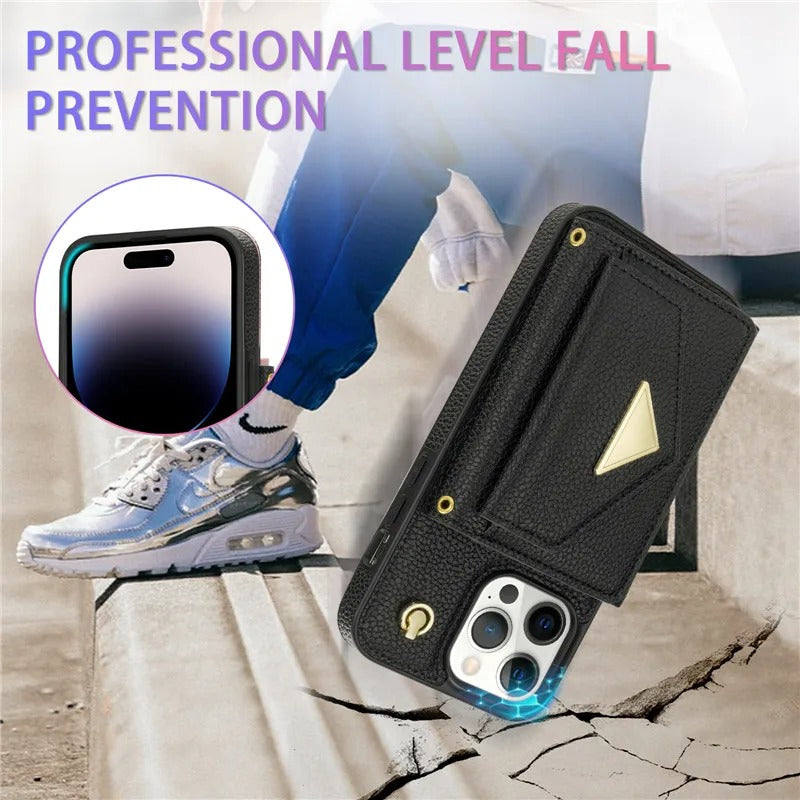 Luxury iPhone Case — Crossbody PU Leather Wallet Cover with Multi-Card Slots, Long Lanyard, Kickstand Feature and Anti-Fingerprint Non-Slip Design