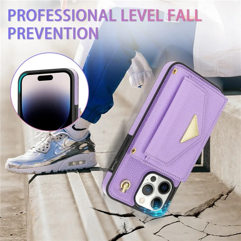 Luxury iPhone Case — Crossbody PU Leather Wallet Cover with Multi-Card Slots, Long Lanyard, Kickstand Feature and Anti-Fingerprint Non-Slip Design