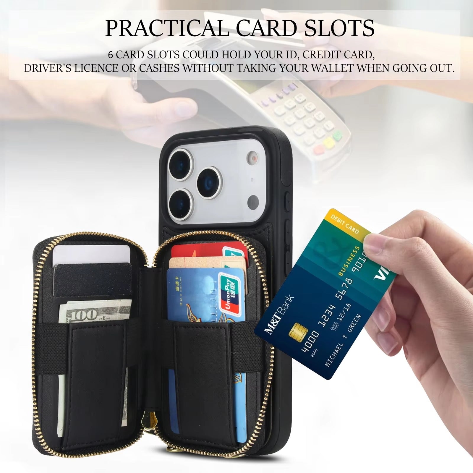 Luxury iPhone Case — Crossbody RFID-Blocking Folio Wallet with Zipper Handbag, Kickstand, Card Slots, Wrist Strap and Lanyard