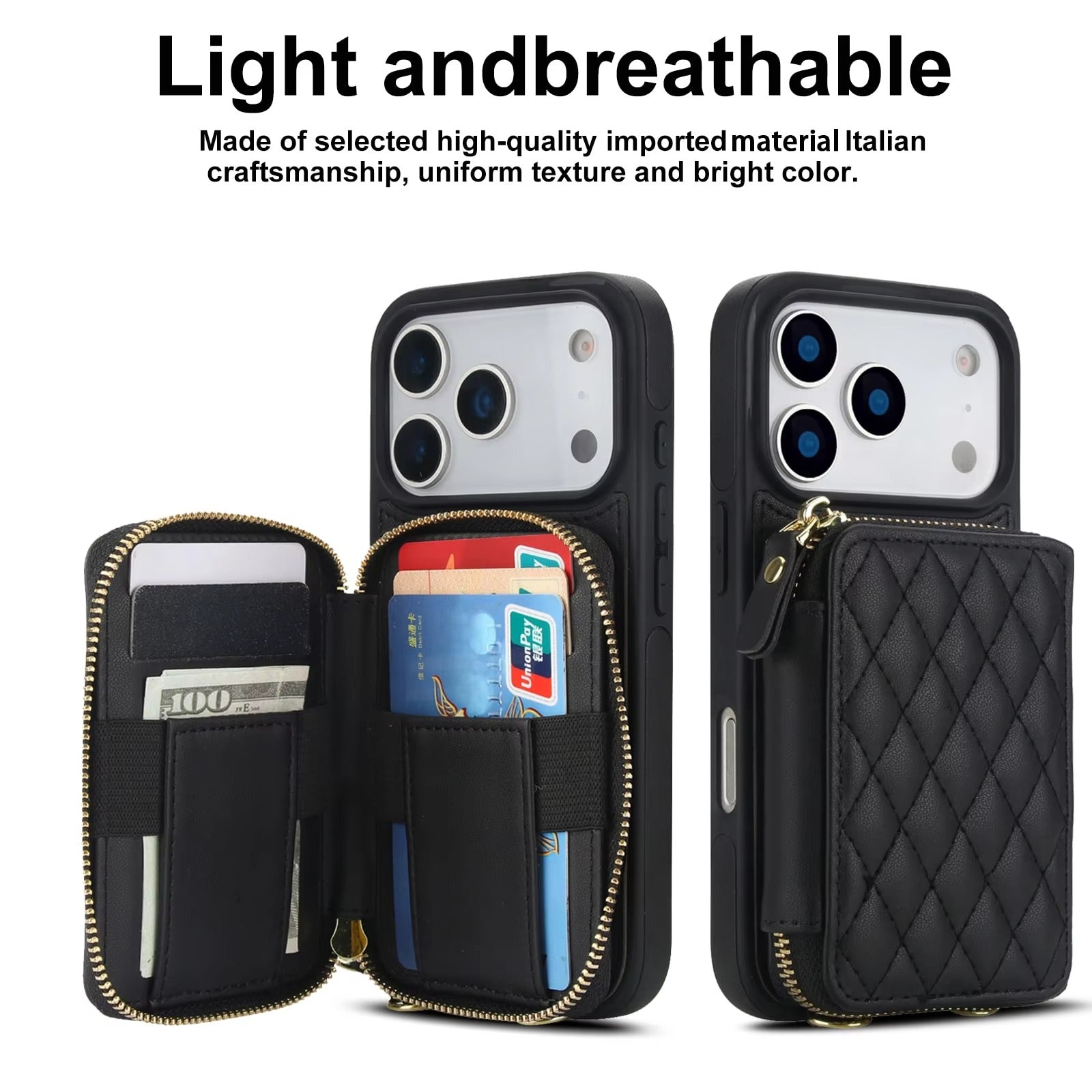 Luxury iPhone Case — Crossbody RFID-Blocking Folio Wallet with Zipper Handbag, Kickstand, Card Slots, Wrist Strap and Lanyard