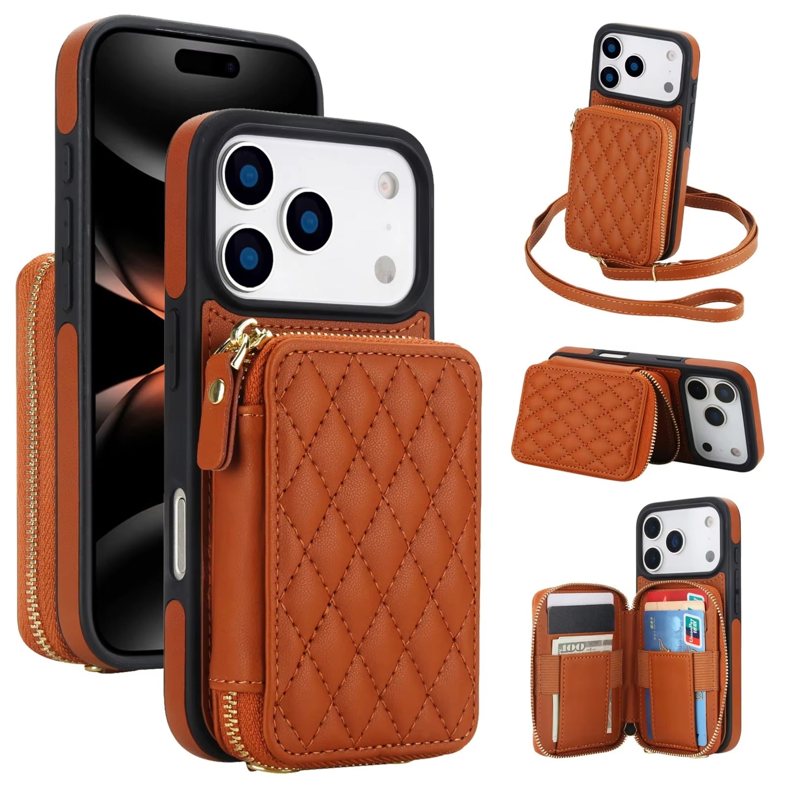 Luxury iPhone Case — Crossbody RFID-Blocking Folio Wallet with Zipper Handbag, Kickstand, Card Slots, Wrist Strap and Lanyard