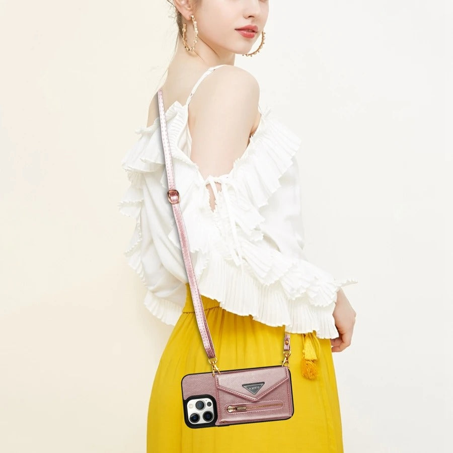 Luxury iPhone Case — Crossbody Wallet with Card Holder and Lanyard Strap, Shockproof Leather Cover, Anti-Fingerprint Full Access Design