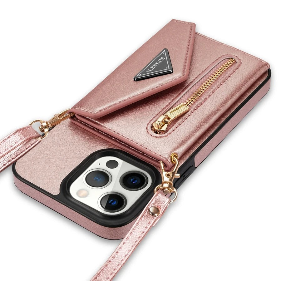 Luxury iPhone Case — Crossbody Wallet with Card Holder and Lanyard Strap, Shockproof Leather Cover, Anti-Fingerprint Full Access Design