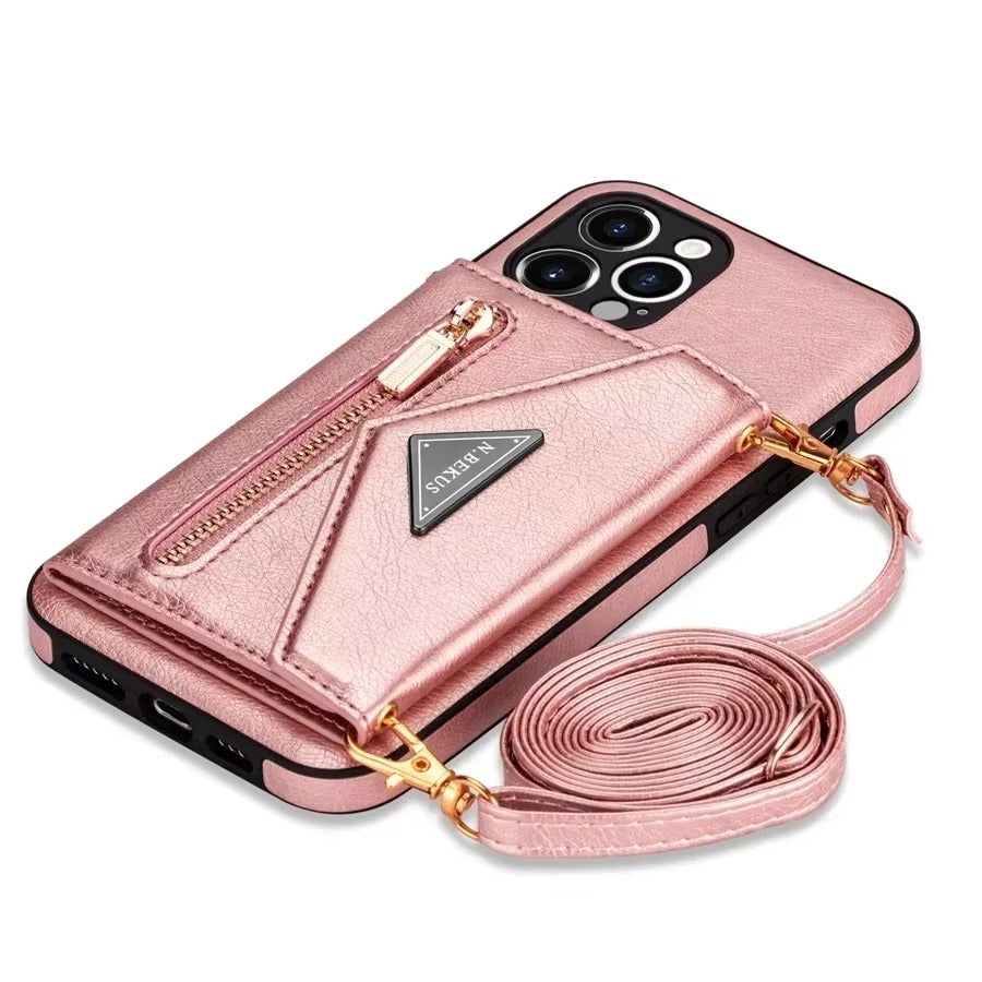 Luxury iPhone Case — Crossbody Wallet with Card Holder and Lanyard Strap, Shockproof Leather Cover, Anti-Fingerprint Full Access Design