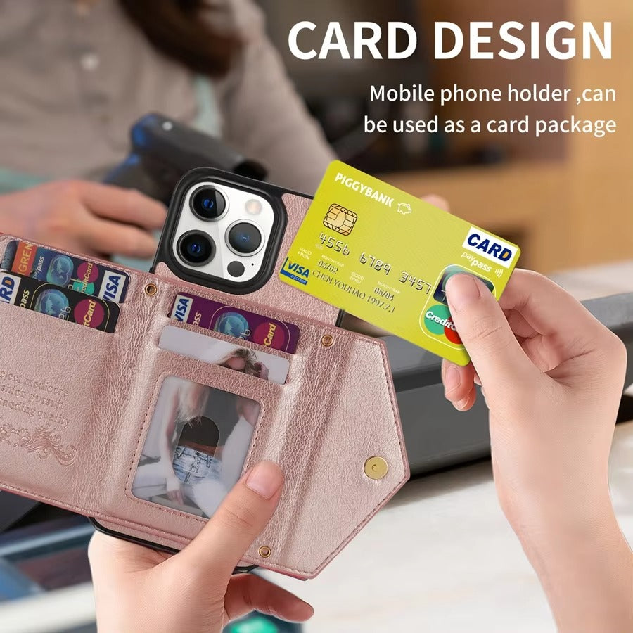 Luxury iPhone Case — Crossbody Wallet with Card Holder and Lanyard Strap, Shockproof Leather Cover, Anti-Fingerprint Full Access Design