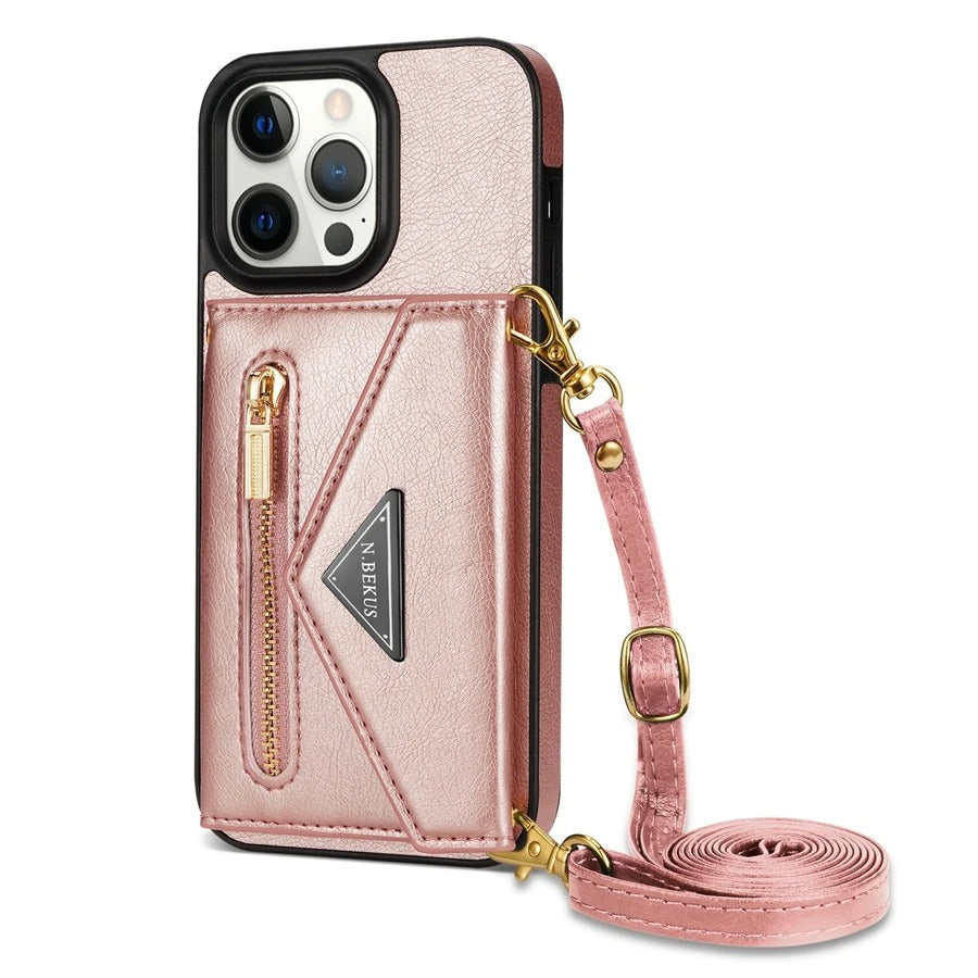 Luxury iPhone Case — Crossbody Wallet with Card Holder and Lanyard Strap, Shockproof Leather Cover, Anti-Fingerprint Full Access Design