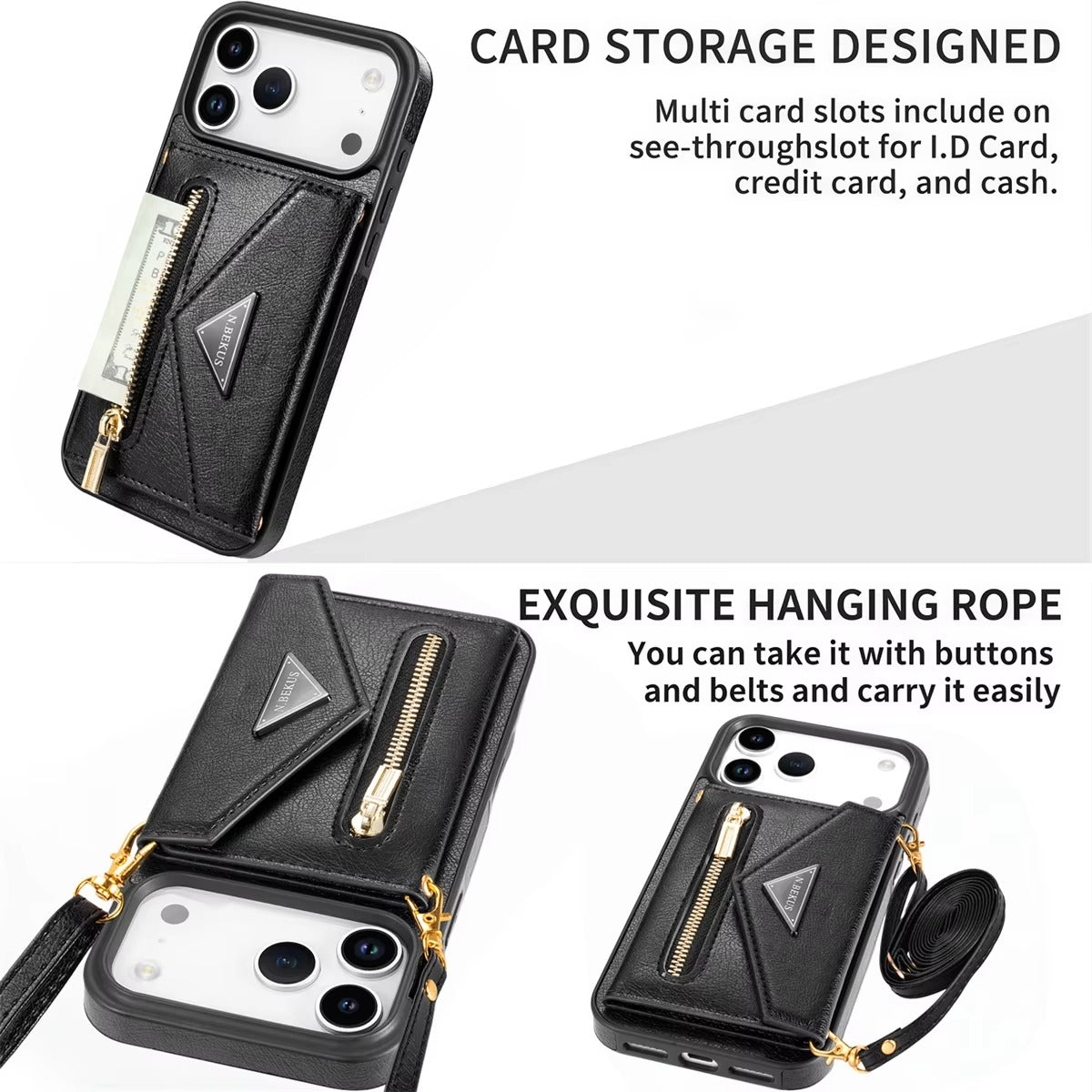 Luxury iPhone Case — Crossbody Wallet with Card Holder and Lanyard Strap, Shockproof Leather Cover, Anti-Fingerprint Full Access Design
