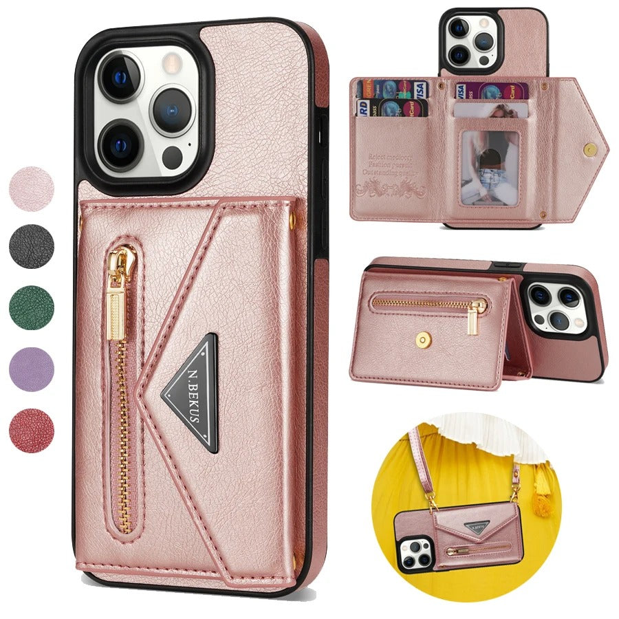 Luxury iPhone Case — Crossbody Wallet with Card Holder and Lanyard Strap, Shockproof Leather Cover, Anti-Fingerprint Full Access Design