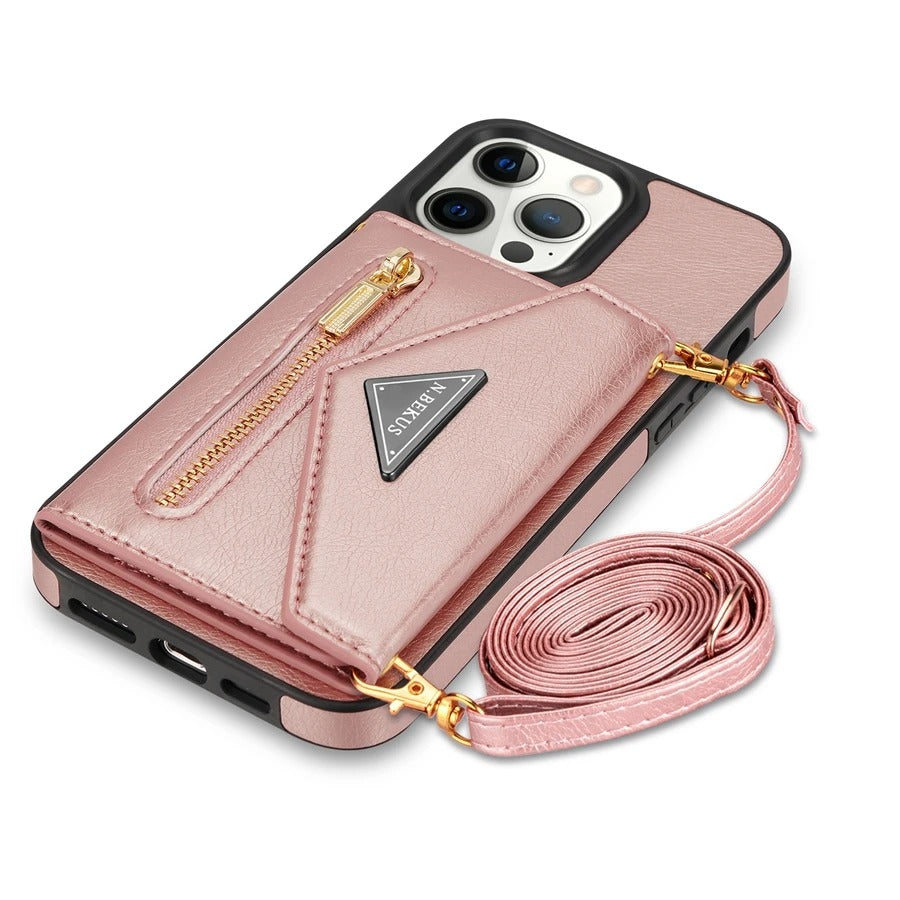 Luxury iPhone Case — Crossbody Wallet with Card Holder and Lanyard Strap, Shockproof Leather Cover, Anti-Fingerprint Full Access Design
