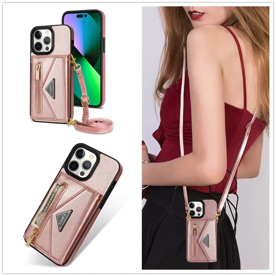 Luxury iPhone Case — Crossbody Wallet with Card Holder and Lanyard Strap, Shockproof Leather Cover, Anti-Fingerprint Full Access Design