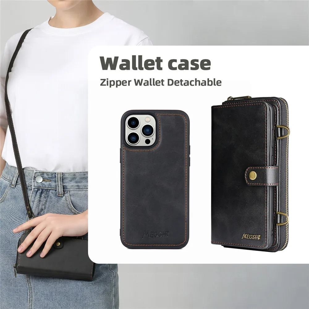 Luxury iPhone Case — Crossbody Zipper Wallet Cover with Lanyard, Magnetic Card Slot, Kickstand, Matte Anti-Glare Finish and Shockproof Leather Design