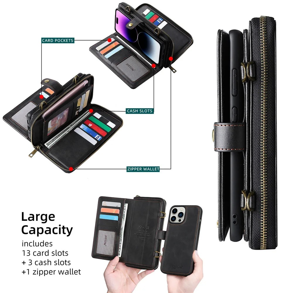 Luxury iPhone Case — Crossbody Zipper Wallet Cover with Lanyard, Magnetic Card Slot, Kickstand, Matte Anti-Glare Finish and Shockproof Leather Design