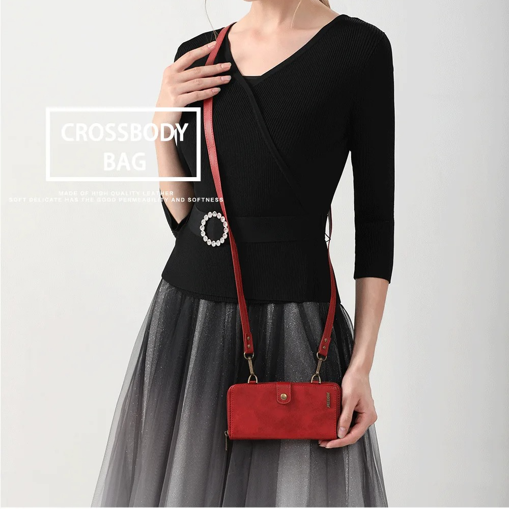 Luxury iPhone Case — Crossbody Zipper Wallet Cover with Lanyard, Magnetic Card Slot, Kickstand, Matte Anti-Glare Finish and Shockproof Leather Design