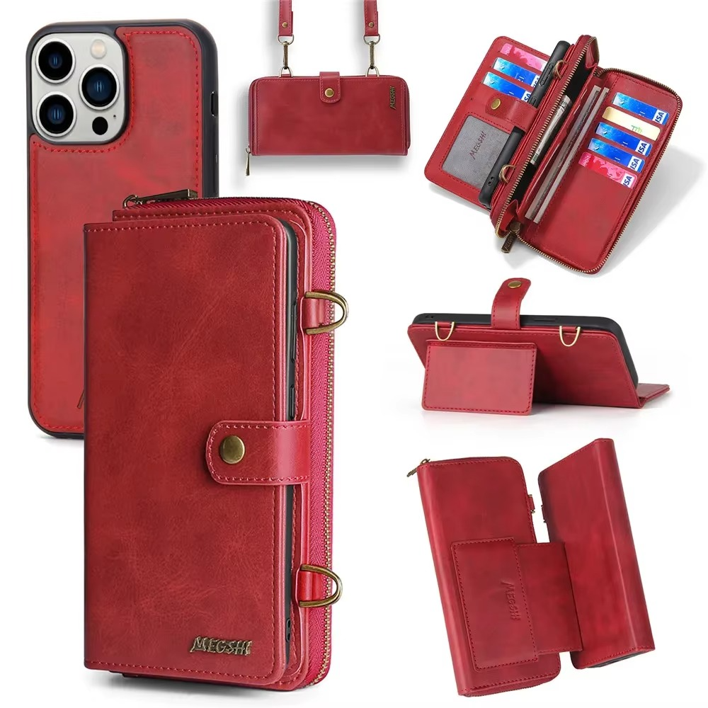 Luxury iPhone Case — Crossbody Zipper Wallet Cover with Lanyard, Magnetic Card Slot, Kickstand, Matte Anti-Glare Finish and Shockproof Leather Design