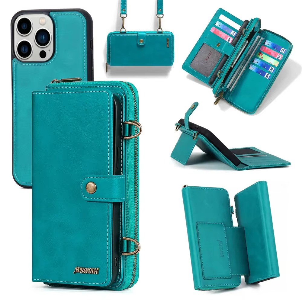 Luxury iPhone Case — Crossbody Zipper Wallet Cover with Lanyard, Magnetic Card Slot, Kickstand, Matte Anti-Glare Finish and Shockproof Leather Design