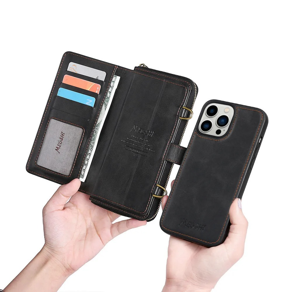 Luxury iPhone Case — Crossbody Zipper Wallet Cover with Lanyard, Magnetic Card Slot, Kickstand, Matte Anti-Glare Finish and Shockproof Leather Design