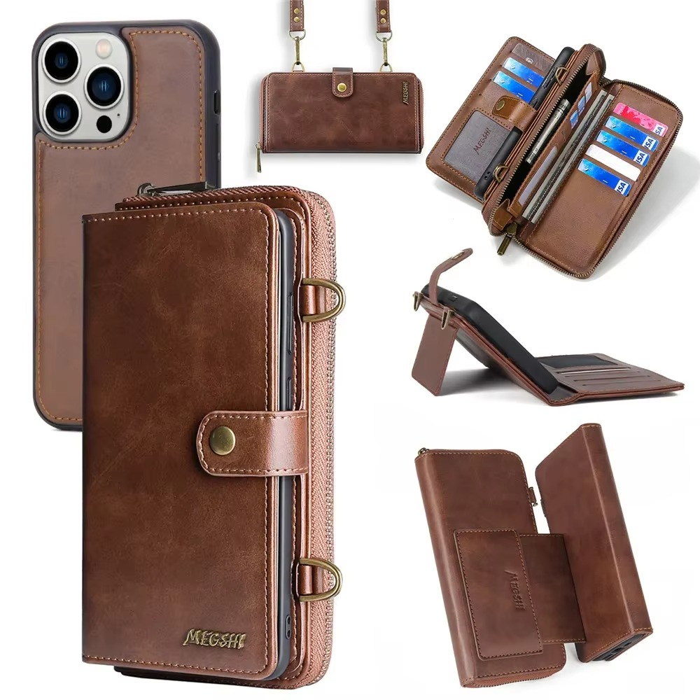 Luxury iPhone Case — Crossbody Zipper Wallet Cover with Lanyard, Magnetic Card Slot, Kickstand, Matte Anti-Glare Finish and Shockproof Leather Design