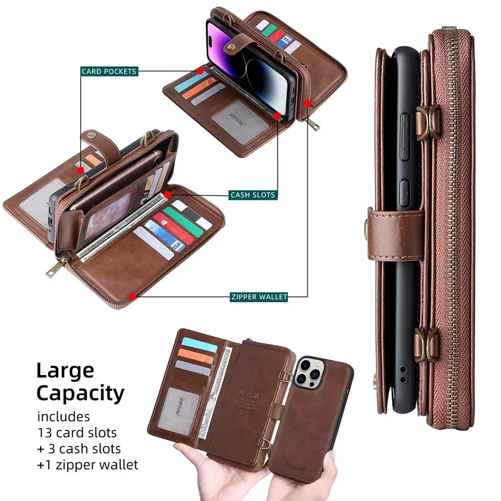 Luxury iPhone Case — Crossbody Zipper Wallet Cover with Lanyard, Magnetic Card Slot, Kickstand, Matte Anti-Glare Finish and Shockproof Leather Design
