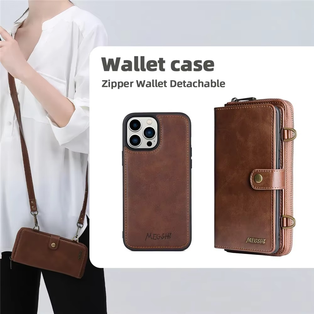 Luxury iPhone Case — Crossbody Zipper Wallet Cover with Lanyard, Magnetic Card Slot, Kickstand, Matte Anti-Glare Finish and Shockproof Leather Design