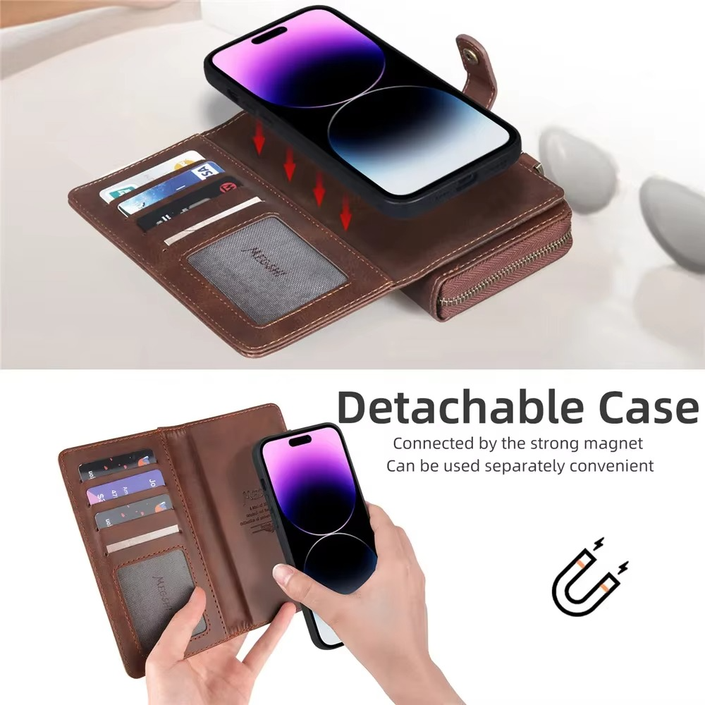 Luxury iPhone Case — Crossbody Zipper Wallet Cover with Lanyard, Magnetic Card Slot, Kickstand, Matte Anti-Glare Finish and Shockproof Leather Design