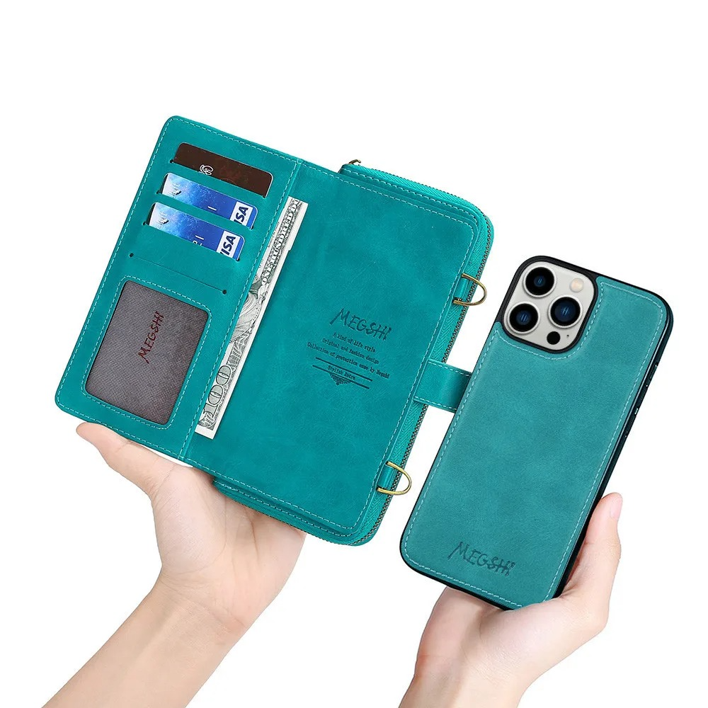 Luxury iPhone Case — Crossbody Zipper Wallet Cover with Lanyard, Magnetic Card Slot, Kickstand, Matte Anti-Glare Finish and Shockproof Leather Design