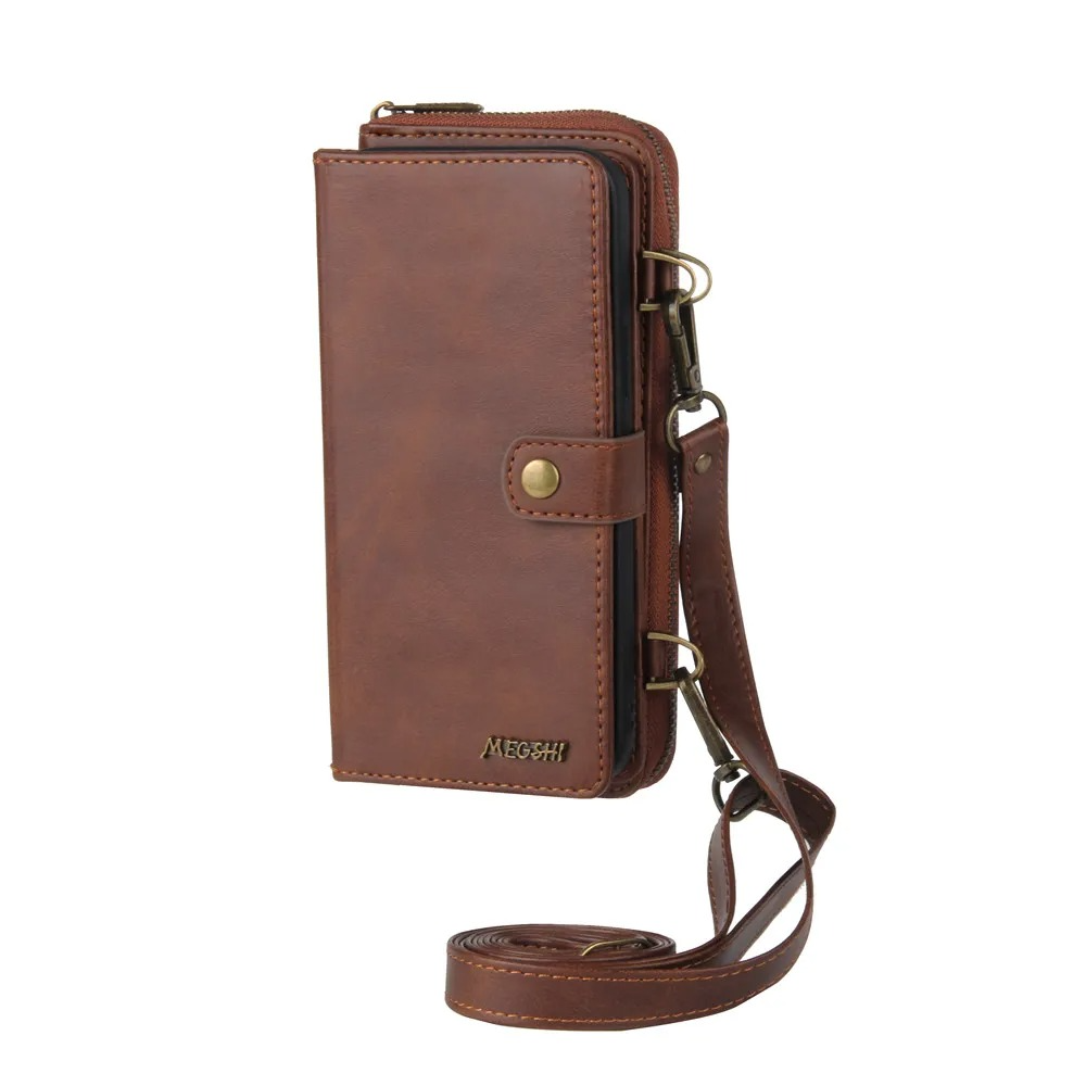 Luxury iPhone Case — Crossbody Zipper Wallet Cover with Lanyard, Magnetic Card Slot, Kickstand, Matte Anti-Glare Finish and Shockproof Leather Design