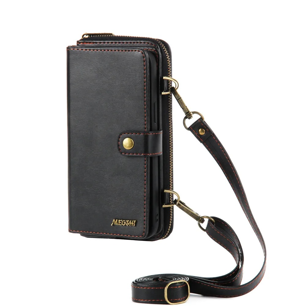 Luxury iPhone Case — Crossbody Zipper Wallet Cover with Lanyard, Magnetic Card Slot, Kickstand, Matte Anti-Glare Finish and Shockproof Leather Design