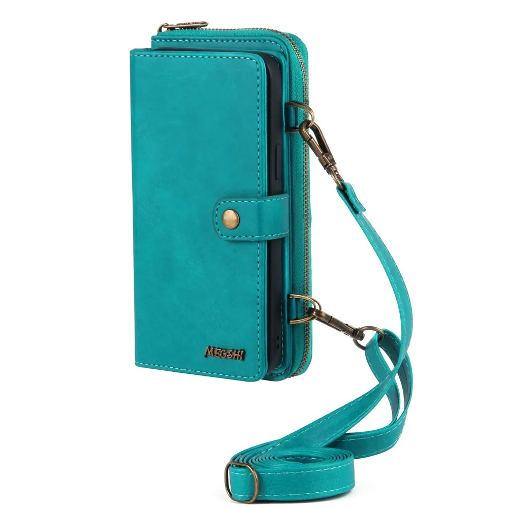 Luxury iPhone Case — Crossbody Zipper Wallet Cover with Lanyard, Magnetic Card Slot, Kickstand, Matte Anti-Glare Finish and Shockproof Leather Design