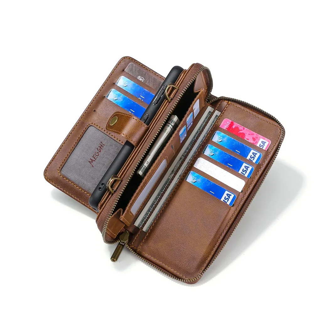 Luxury iPhone Case — Crossbody Zipper Wallet Cover with Lanyard, Magnetic Card Slot, Kickstand, Matte Anti-Glare Finish and Shockproof Leather Design