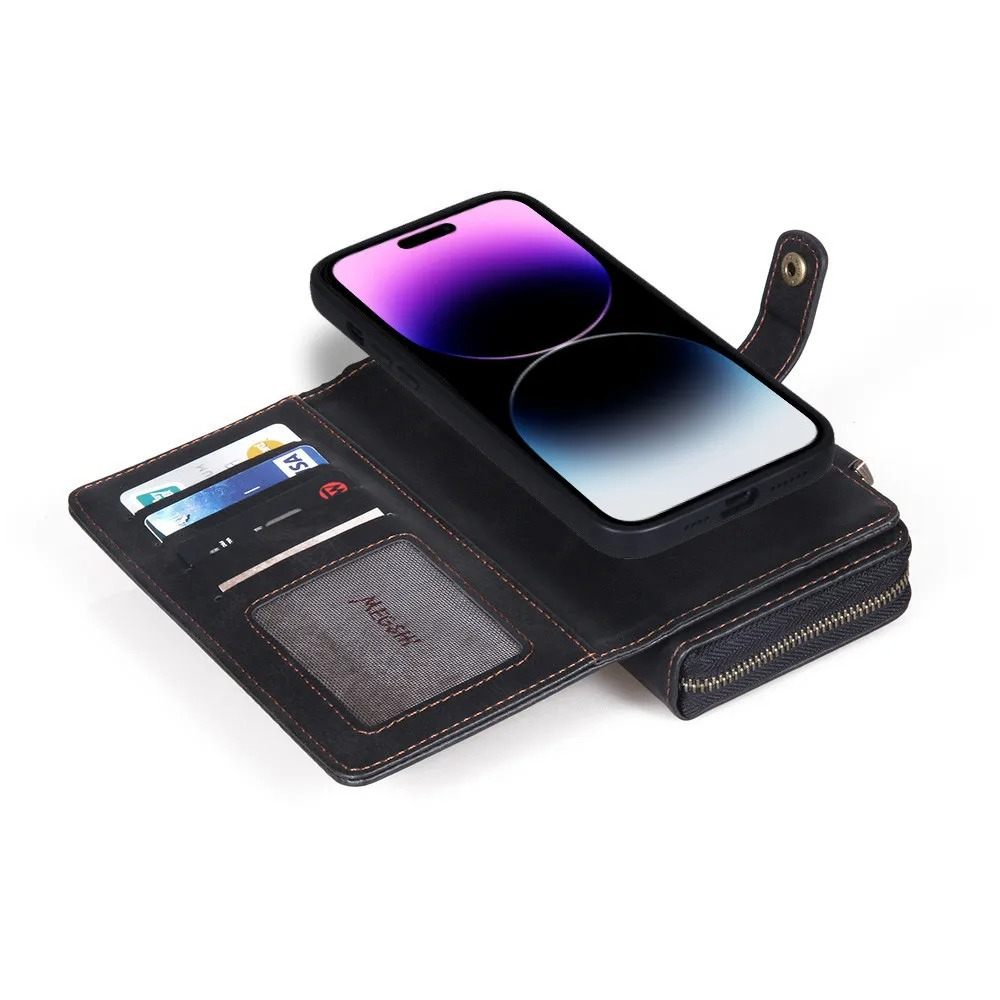 Luxury iPhone Case — Crossbody Zipper Wallet Cover with Lanyard, Magnetic Card Slot, Kickstand, Matte Anti-Glare Finish and Shockproof Leather Design