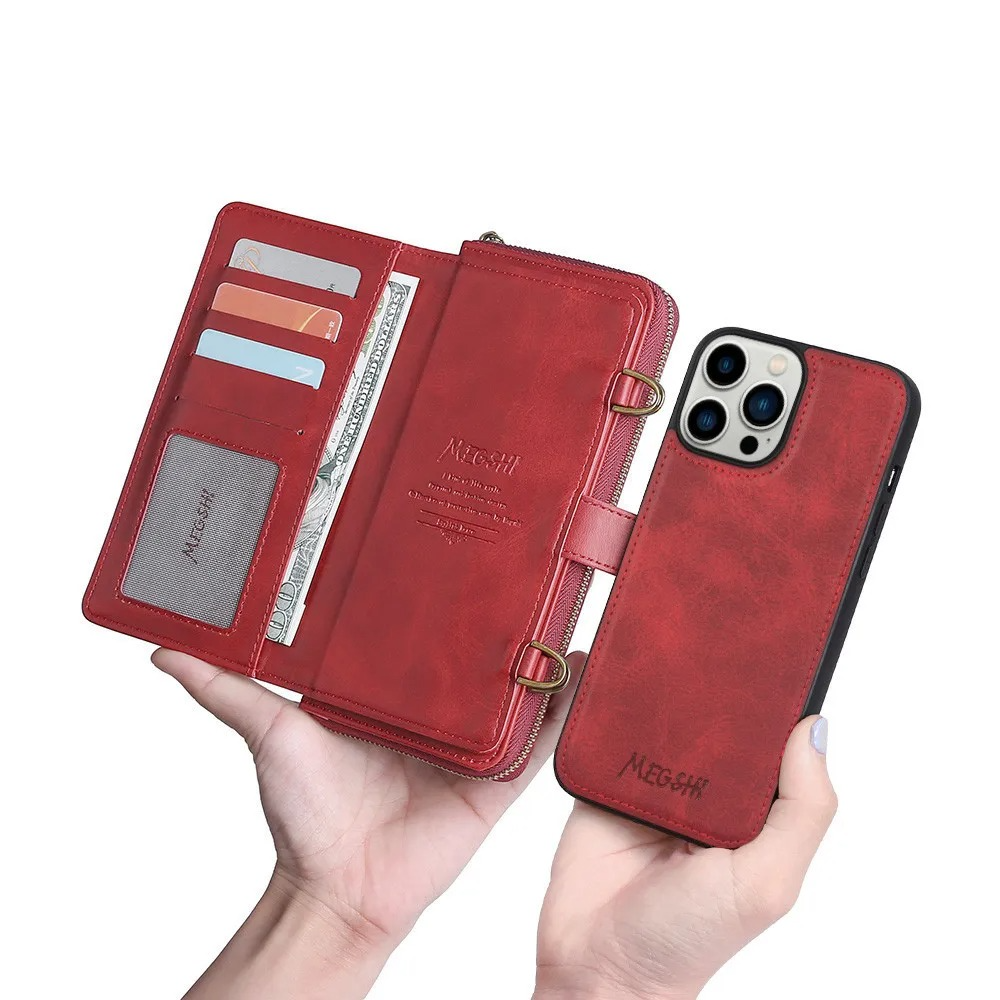 Luxury iPhone Case — Crossbody Zipper Wallet Cover with Lanyard, Magnetic Card Slot, Kickstand, Matte Anti-Glare Finish and Shockproof Leather Design