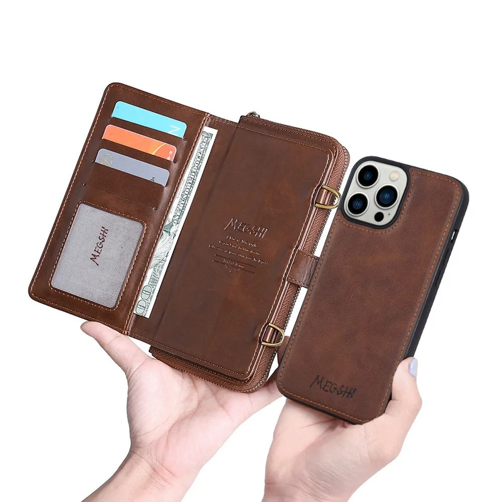 Luxury iPhone Case — Crossbody Zipper Wallet Cover with Lanyard, Magnetic Card Slot, Kickstand, Matte Anti-Glare Finish and Shockproof Leather Design