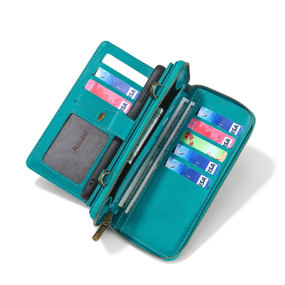 Luxury iPhone Case — Crossbody Zipper Wallet Cover with Lanyard, Magnetic Card Slot, Kickstand, Matte Anti-Glare Finish and Shockproof Leather Design