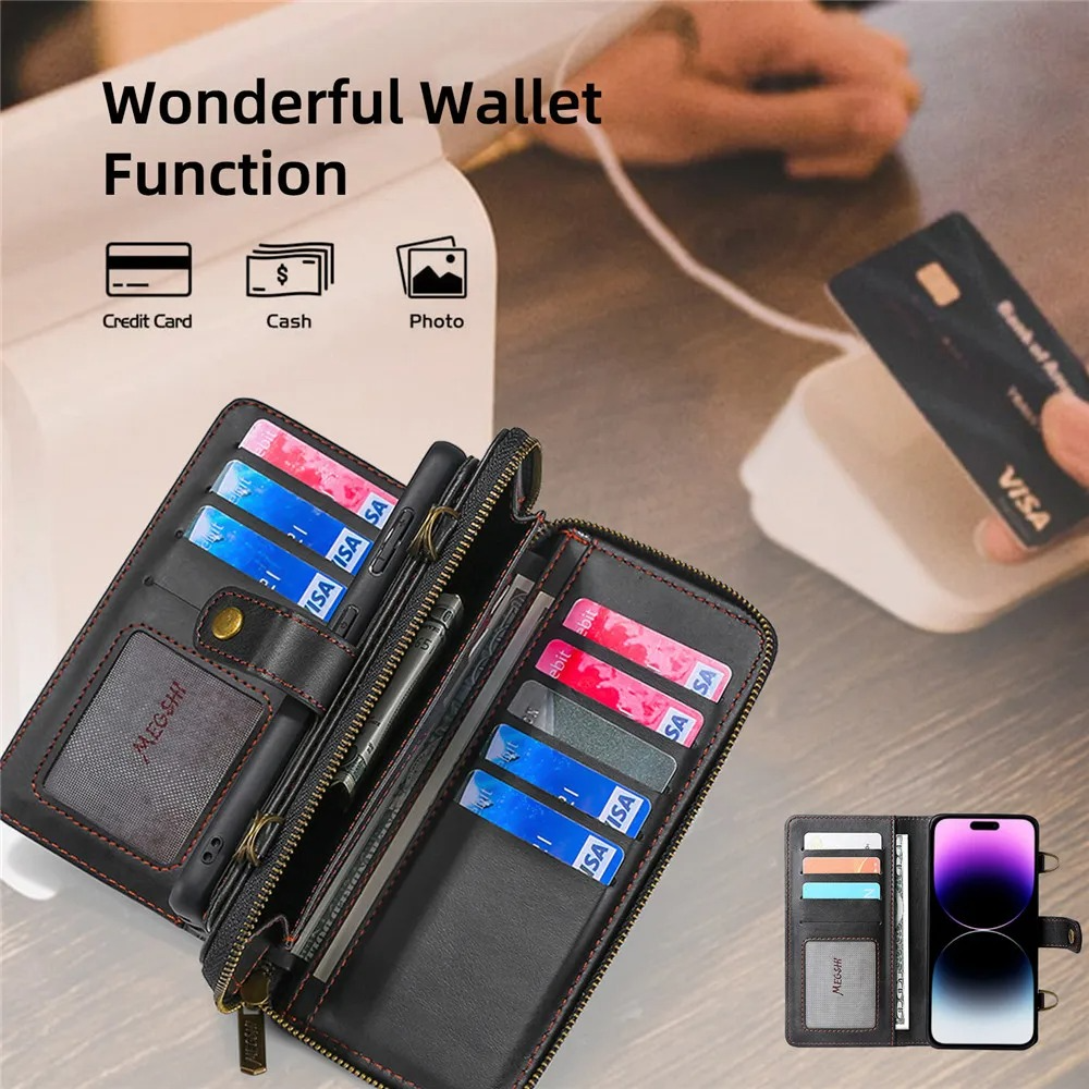 Luxury iPhone Case — Crossbody Zipper Wallet Cover with Lanyard, Magnetic Card Slot, Kickstand, Matte Anti-Glare Finish and Shockproof Leather Design