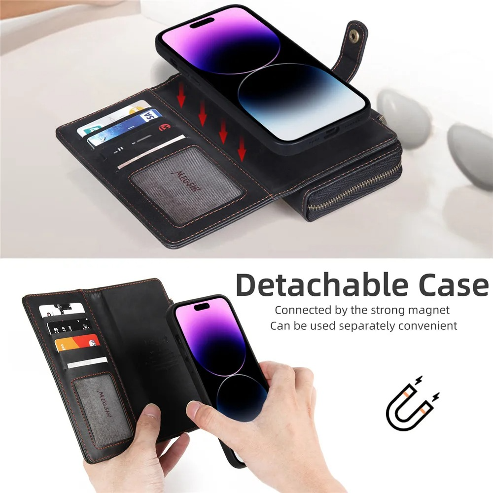 Luxury iPhone Case — Crossbody Zipper Wallet Cover with Lanyard, Magnetic Card Slot, Kickstand, Matte Anti-Glare Finish and Shockproof Leather Design