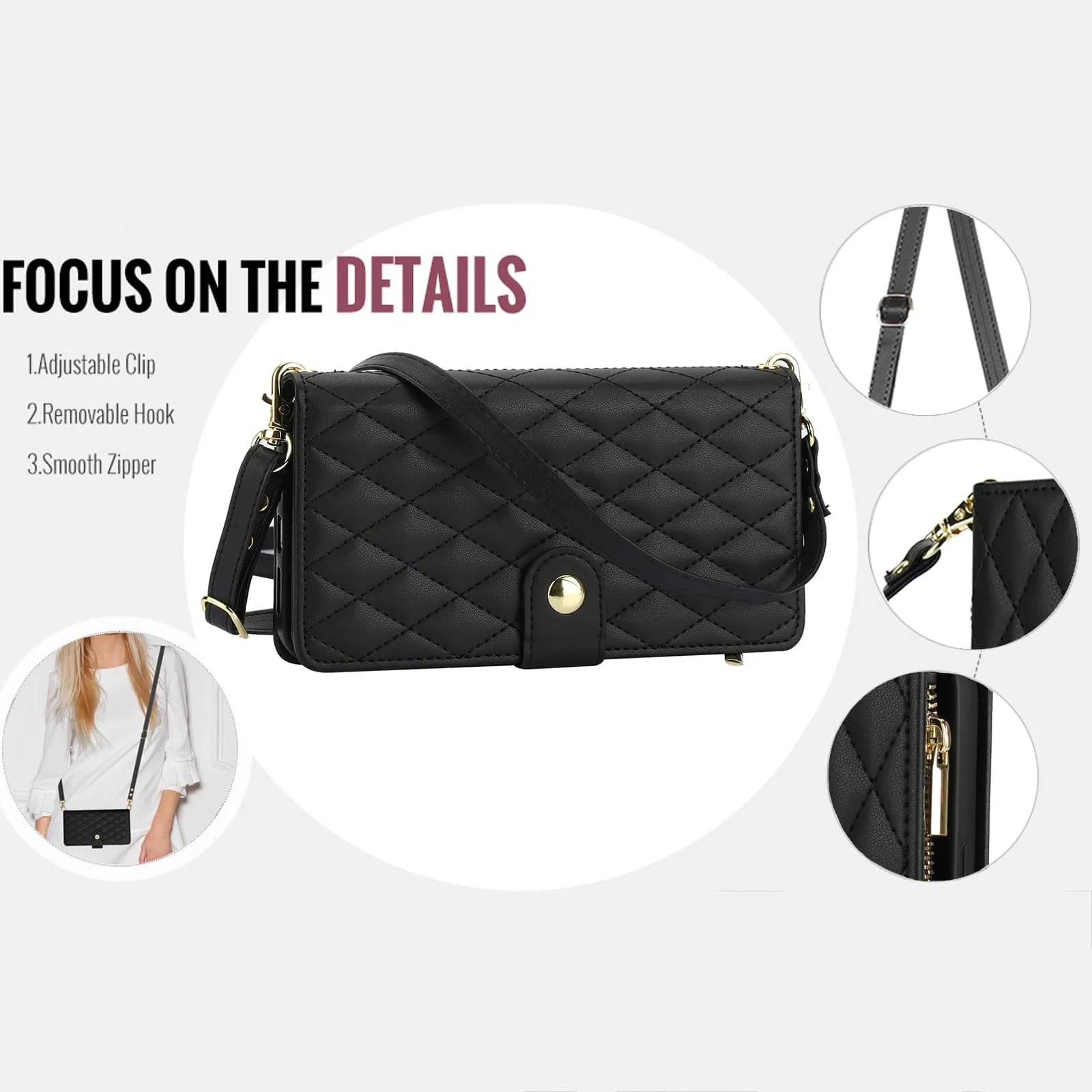 Luxury iPhone Case — Crossbody Zipper Wallet Flip Folio Cover with Card Holder, Kickstand, Anti-Fingerprint Shockproof PU Leather Protection