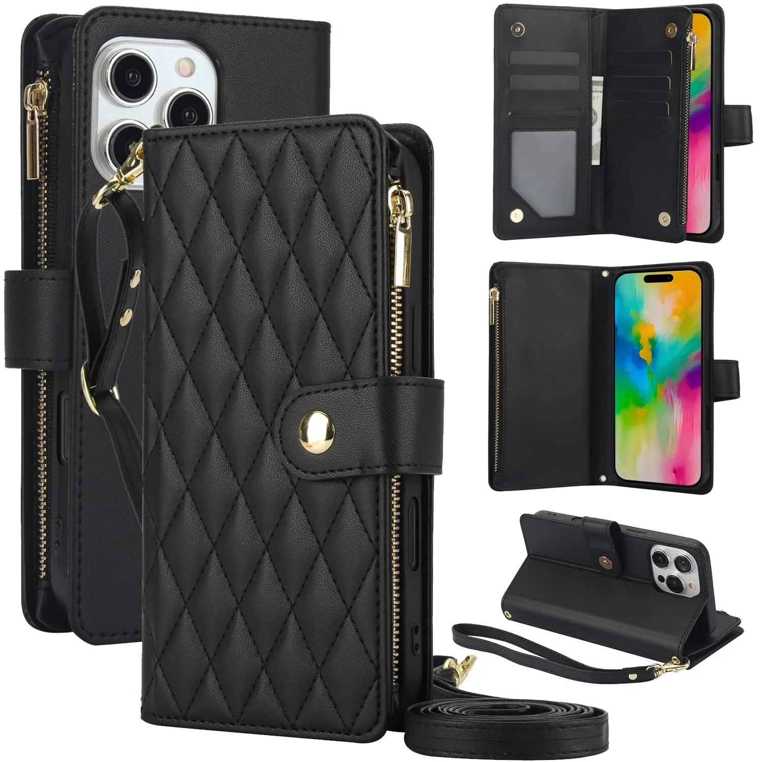 Luxury iPhone Case — Crossbody Zipper Wallet Flip Folio Cover with Card Holder, Kickstand, Anti-Fingerprint Shockproof PU Leather Protection