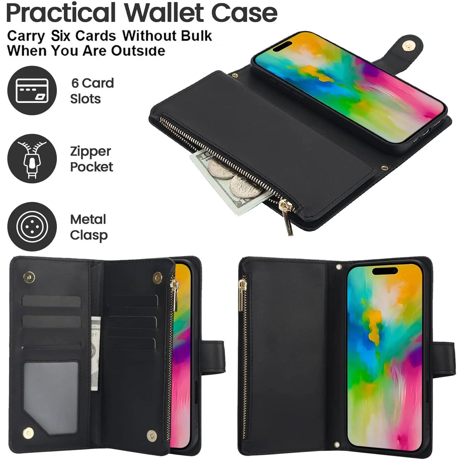 Luxury iPhone Case — Crossbody Zipper Wallet Flip Folio Cover with Card Holder, Kickstand, Anti-Fingerprint Shockproof PU Leather Protection