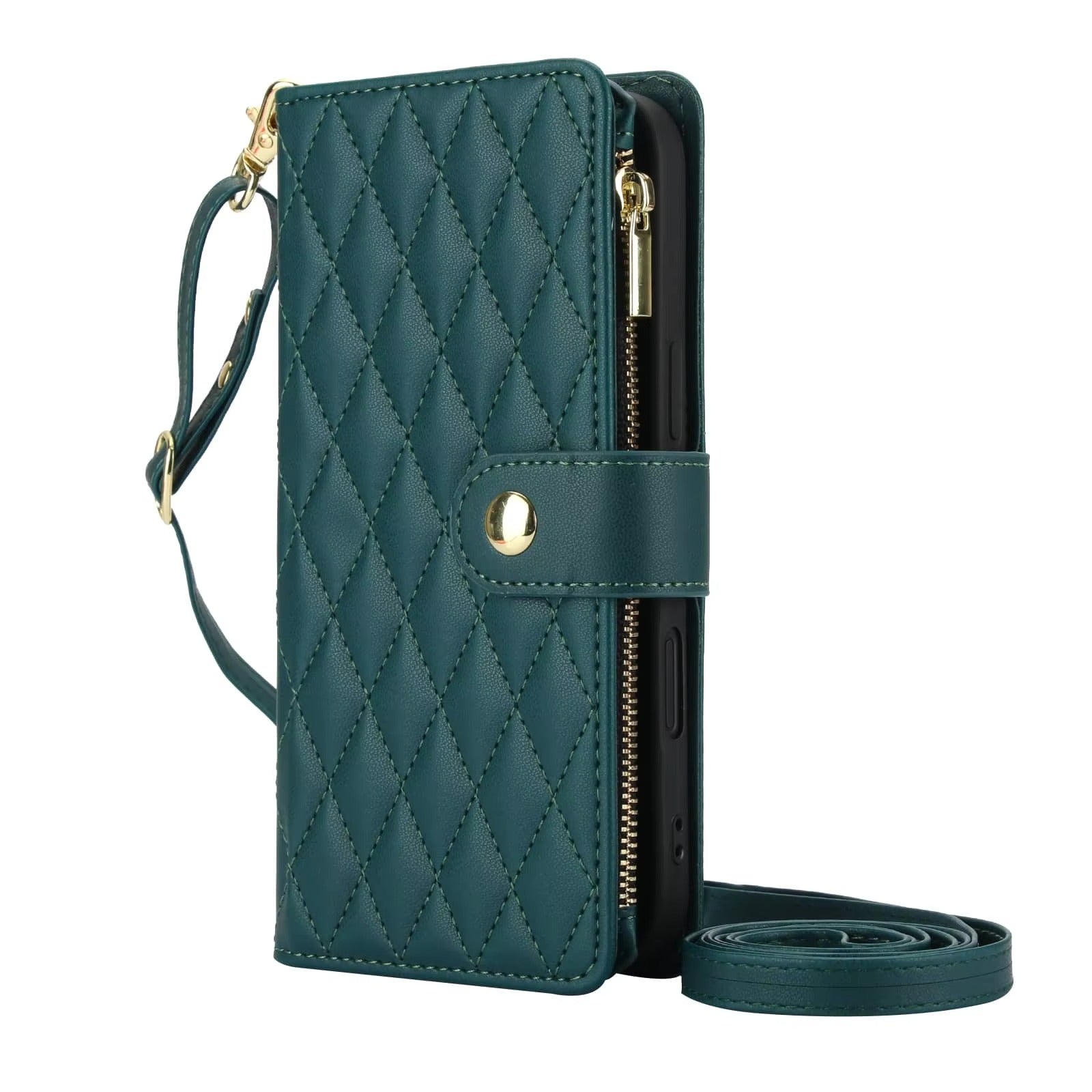 Luxury iPhone Case — Crossbody Zipper Wallet Flip Folio Cover with Card Holder, Kickstand, Anti-Fingerprint Shockproof PU Leather Protection