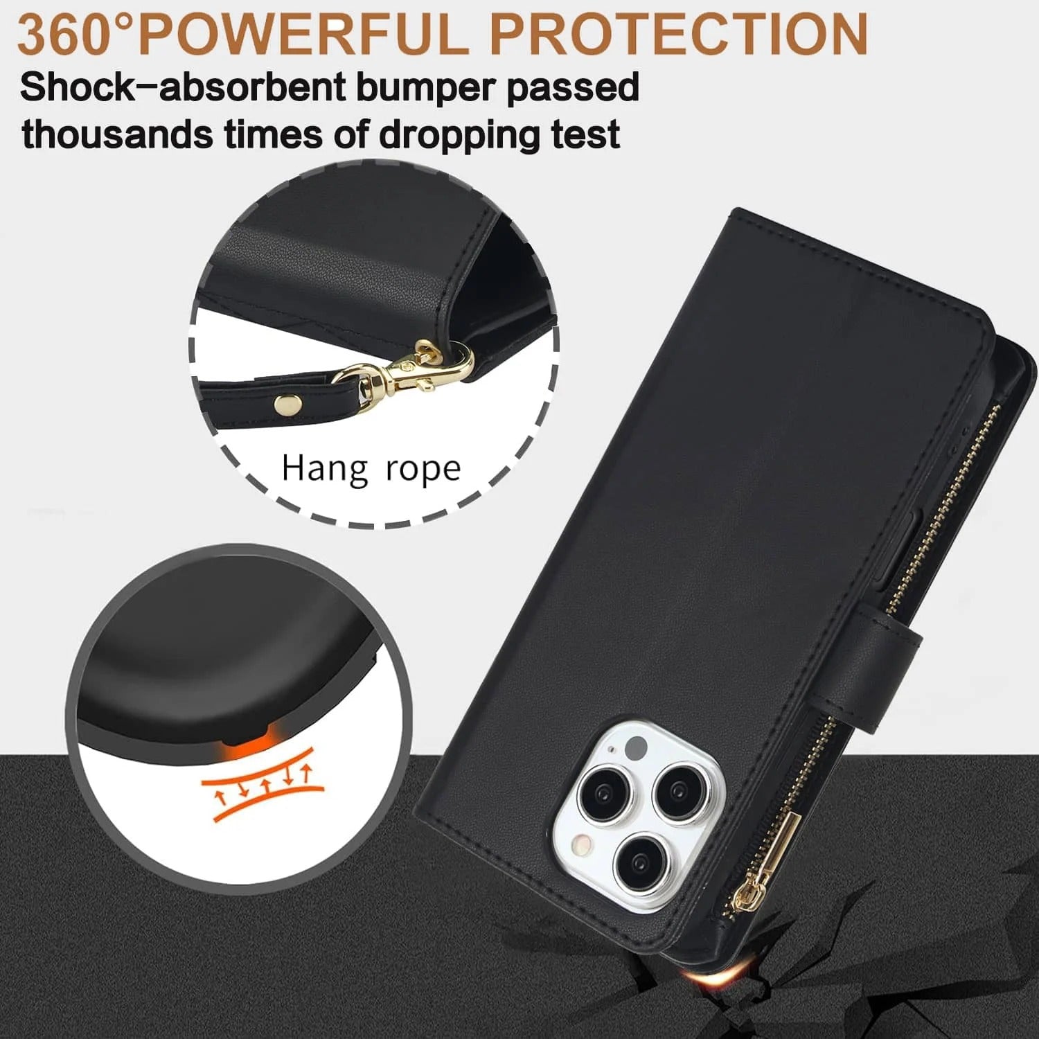 Luxury iPhone Case — Crossbody Zipper Wallet Flip Folio Cover with Card Holder, Kickstand, Anti-Fingerprint Shockproof PU Leather Protection