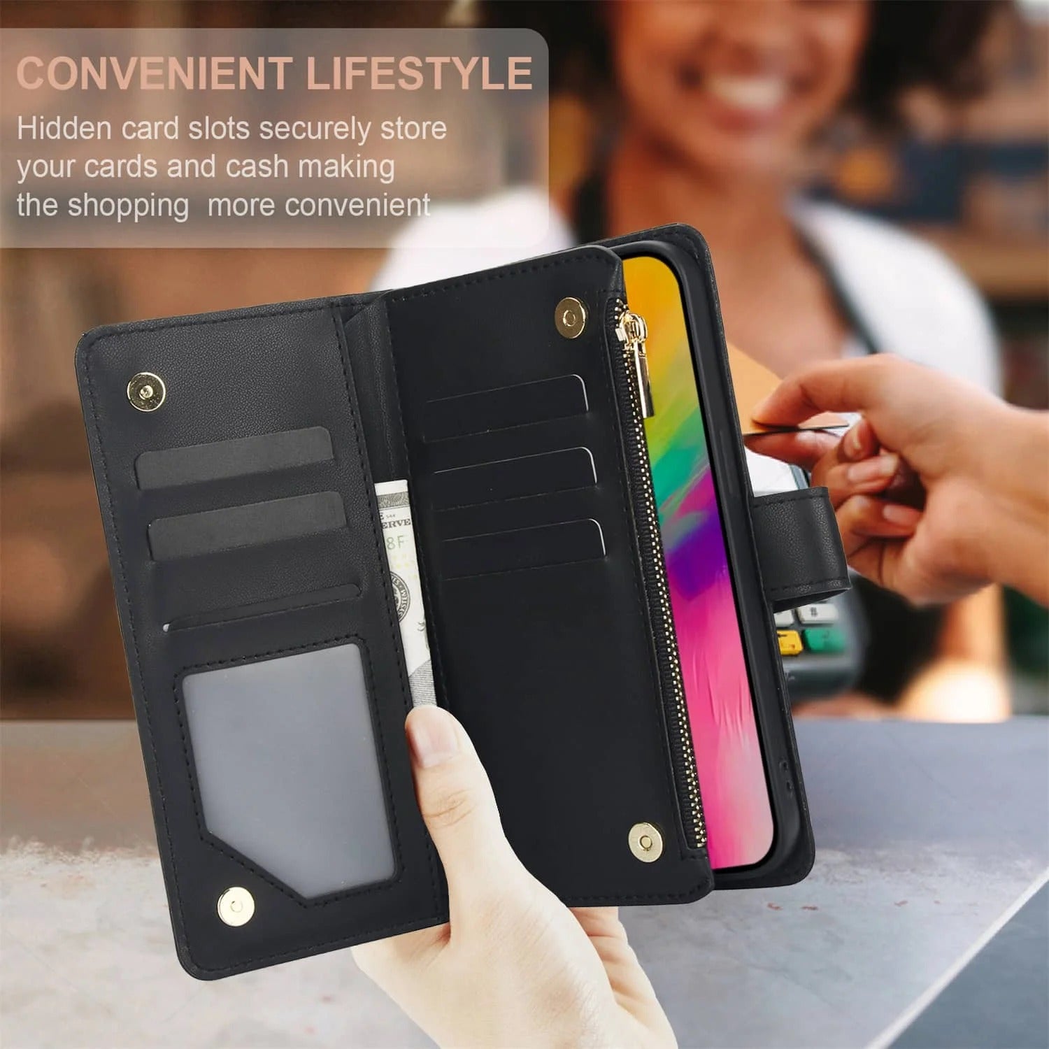 Luxury iPhone Case — Crossbody Zipper Wallet Flip Folio Cover with Card Holder, Kickstand, Anti-Fingerprint Shockproof PU Leather Protection