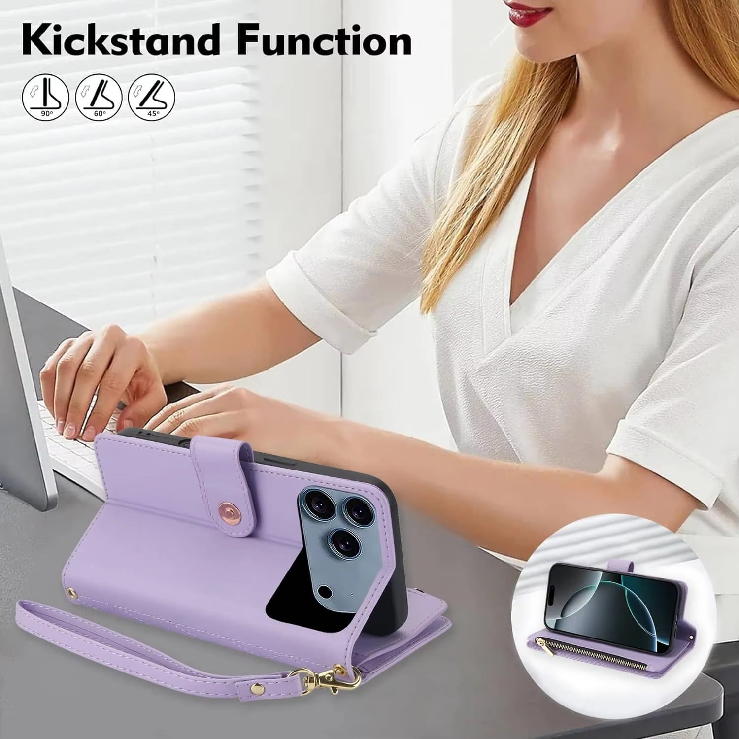 Luxury iPhone Case — Crossbody Zipper Wallet Flip Folio Cover with Card Holder, Kickstand, Anti-Fingerprint Shockproof PU Leather Protection