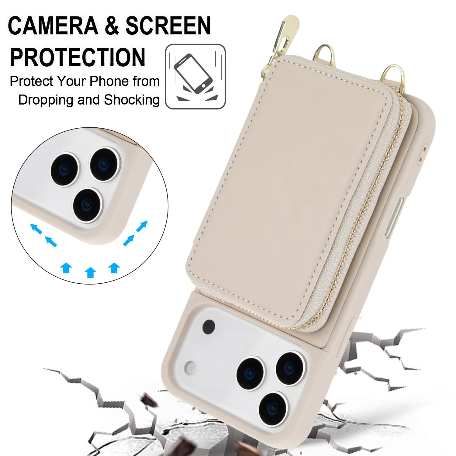 Luxury iPhone Case — Crossbody Zipper Wallet Flip Leather Cover with Card Slot, RFID Pocket and Secure Shoulder Strap Design